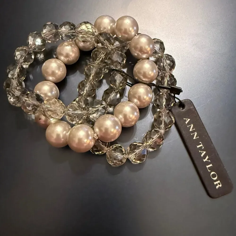Ann Taylor Trio Faceted Crystal Faux Pearl Stretch Bracelets